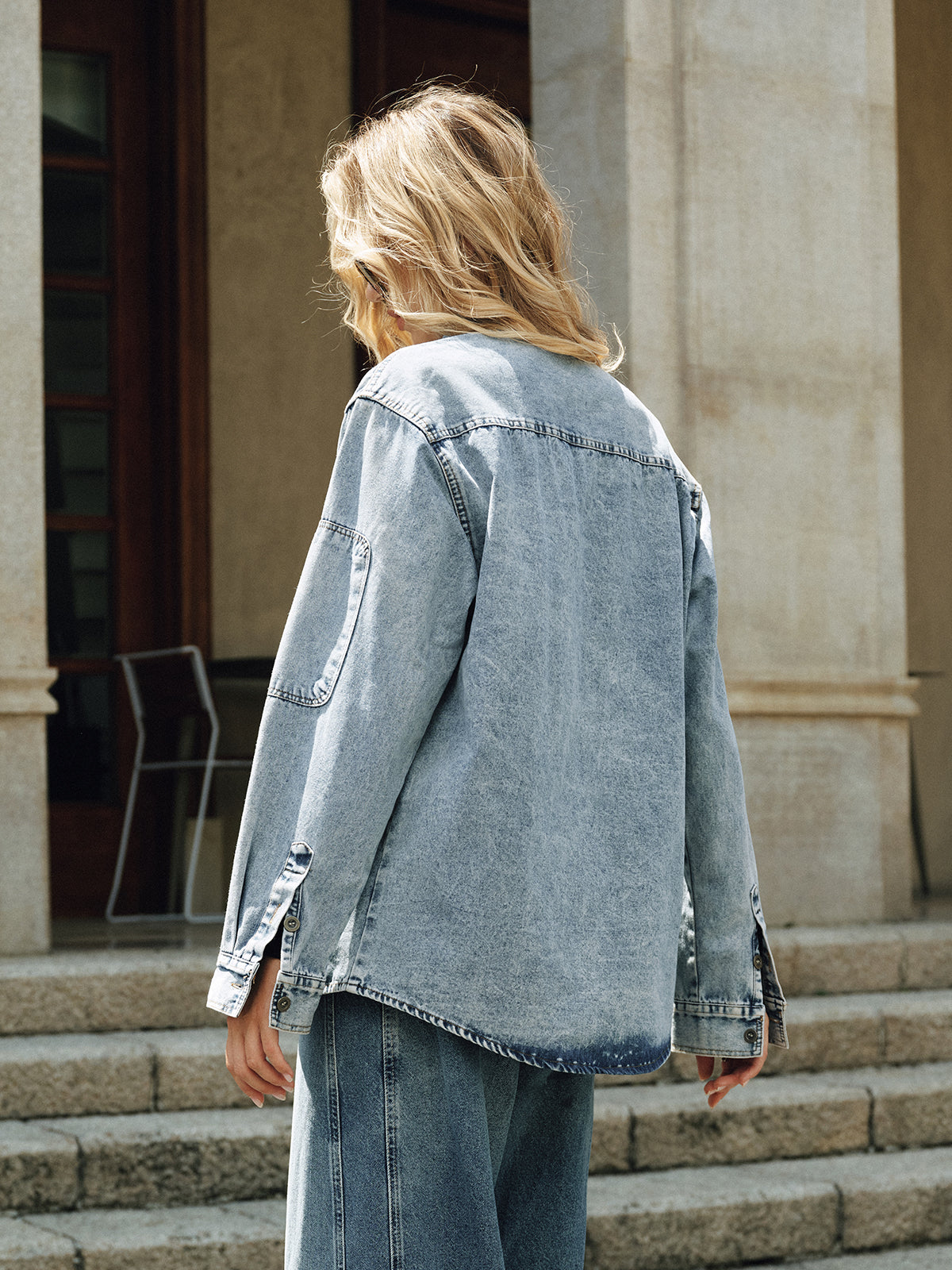 Oversized Collared Denim Shirt-Chicvia