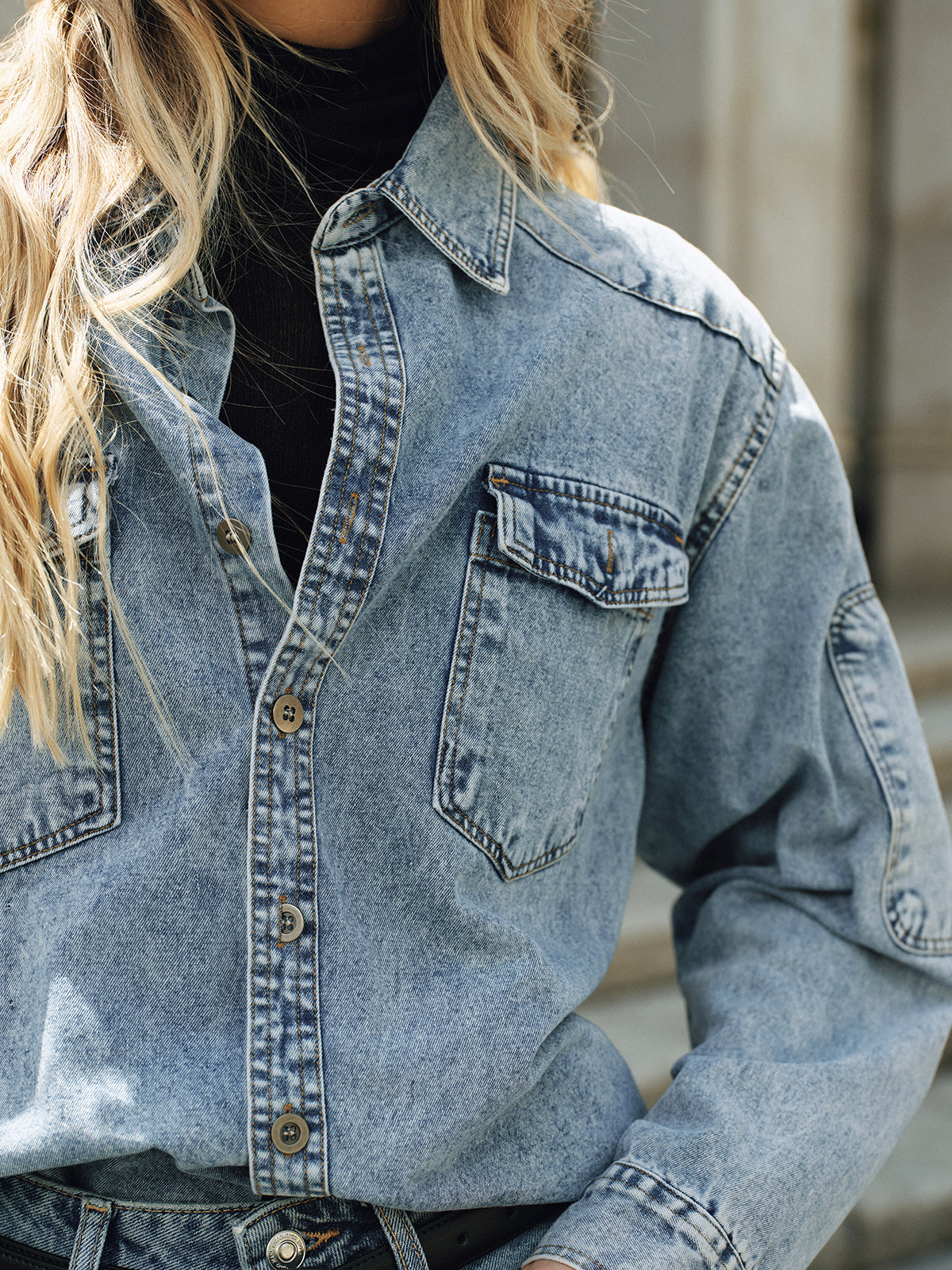 Oversized Collared Denim Shirt-Chicvia