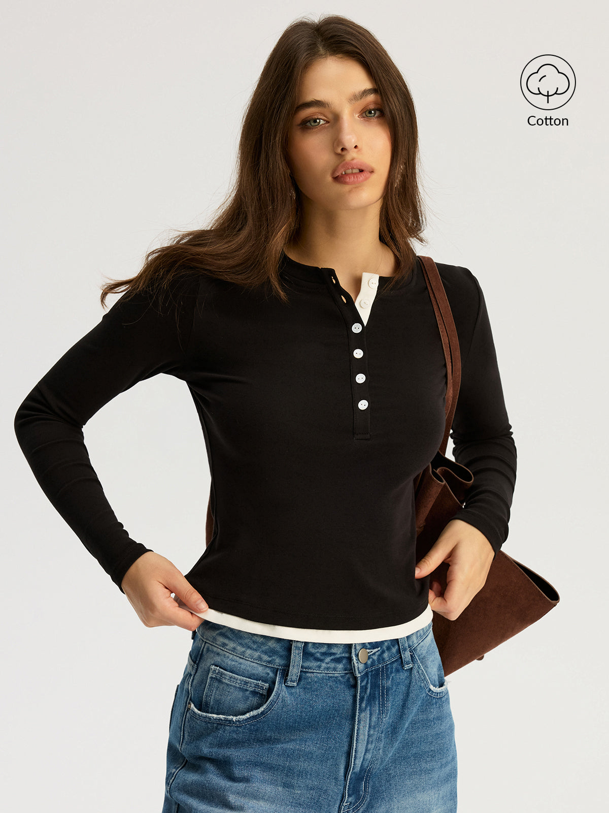 Contrast Trim Cotton Blend Long Sleeve Top-Chicvia