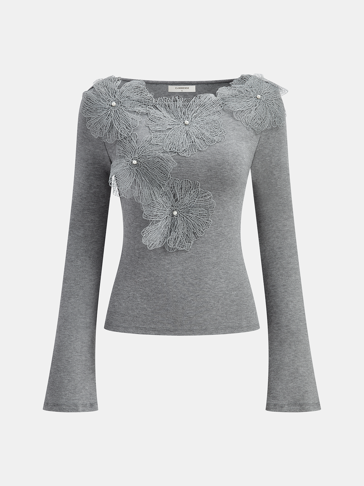 Faux Pearl Decor 3D Floral Fitted Soft Knit Top-Chicvia