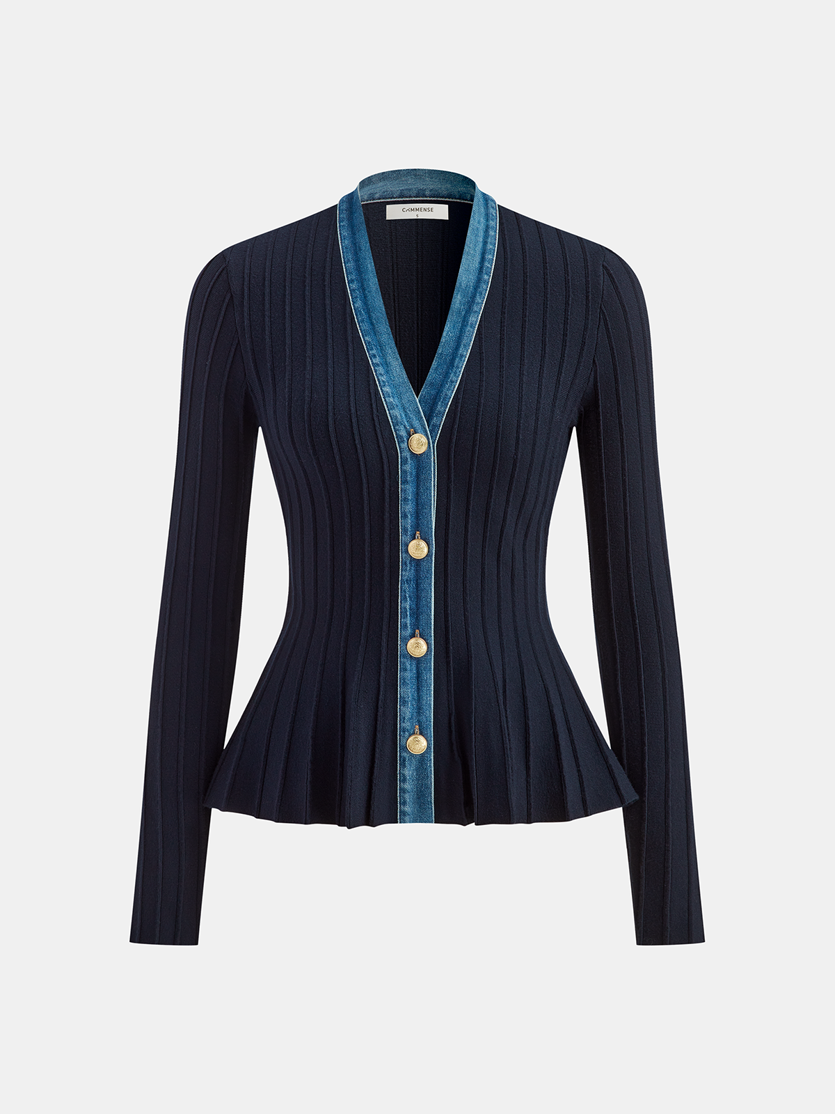 Denim Trim Knitted Peplum Cardigan-Chicvia