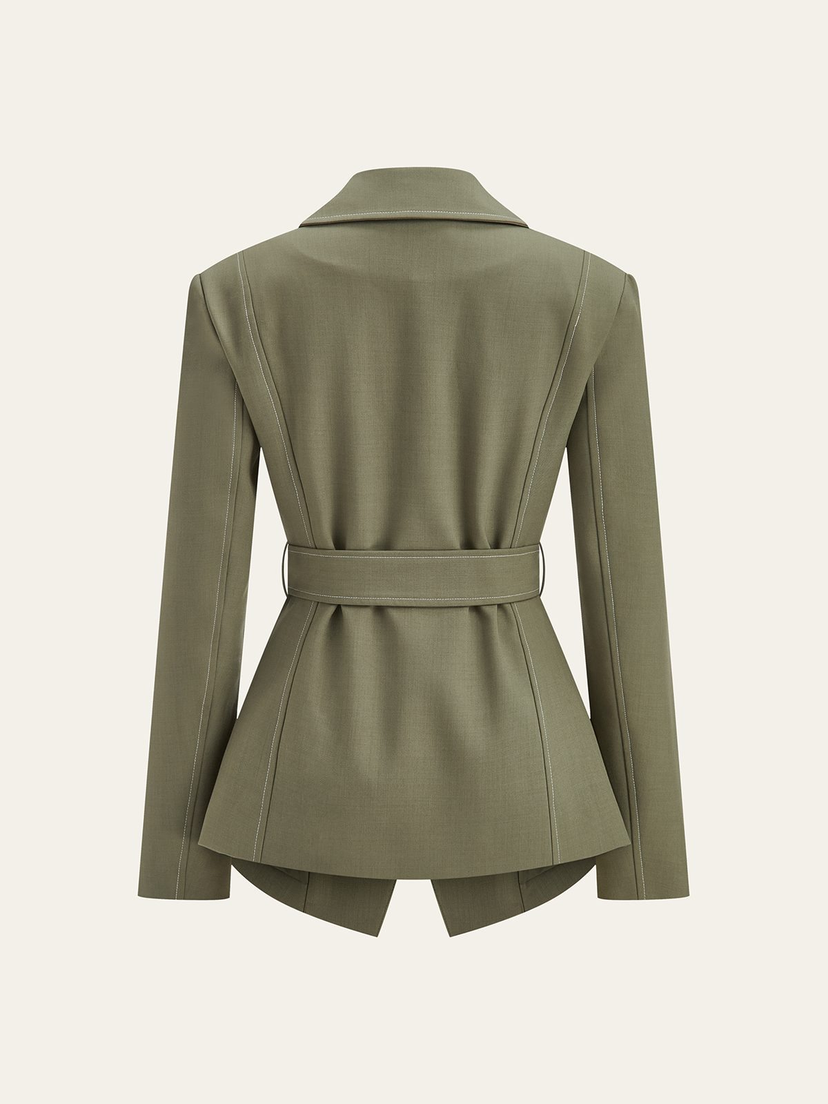 Contrast-Stitch Belted Casual Blazer-Chicvia