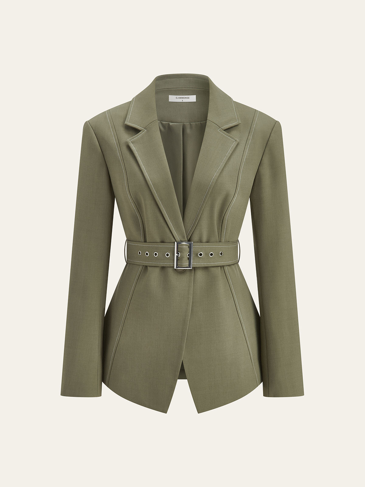 Contrast-Stitch Belted Casual Blazer-Chicvia