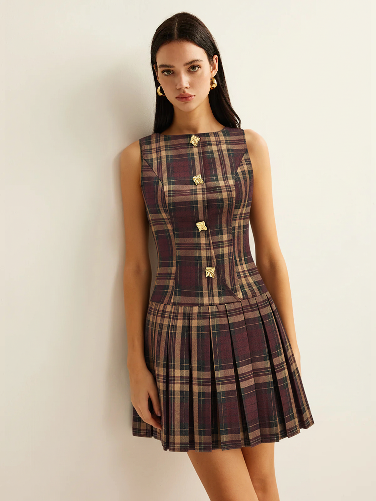 Metal Detail Plaid Sleeveless Pleated Mini Dress-Chicvia