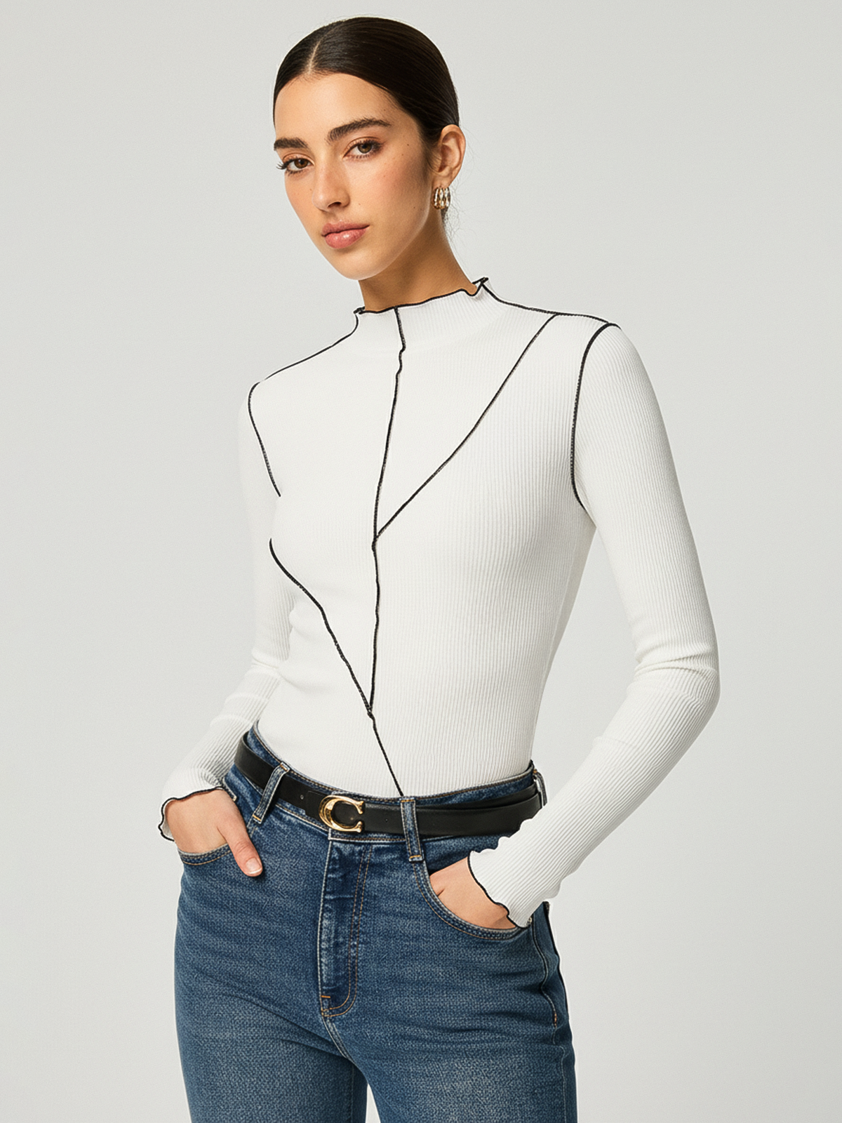Contrast Stitch Round Neck Long-sleeve Top-Chicvia