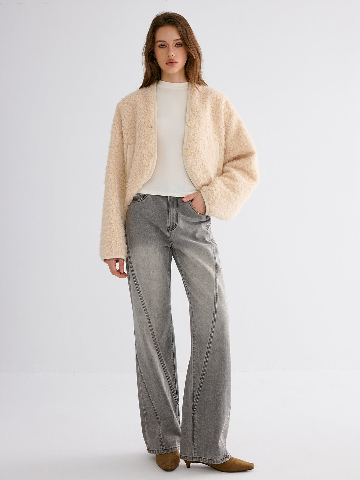 Drop-Shoulder Cropped Fuzzy Coat-Chicvia