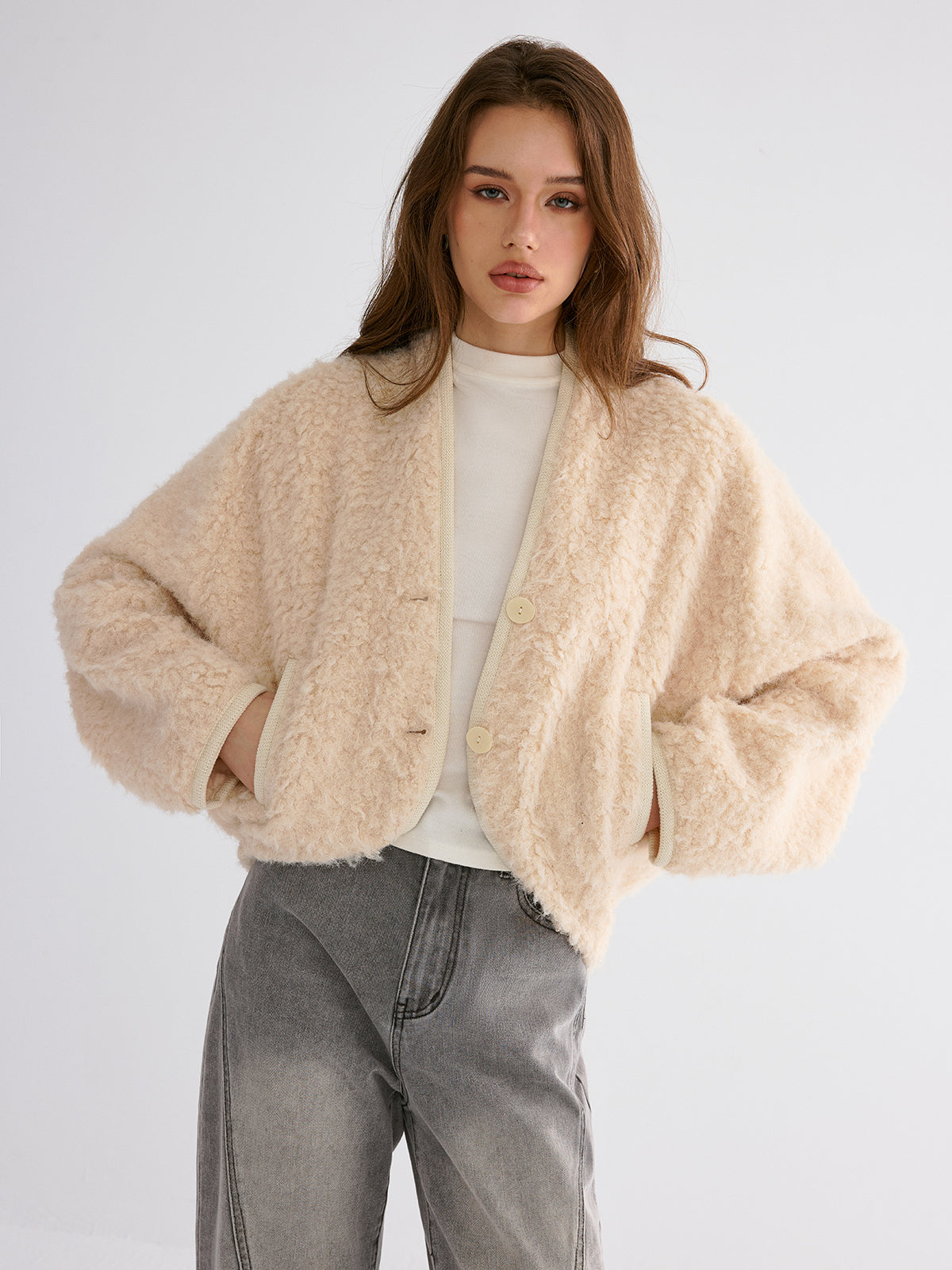 Drop-Shoulder Cropped Fuzzy Coat-Chicvia