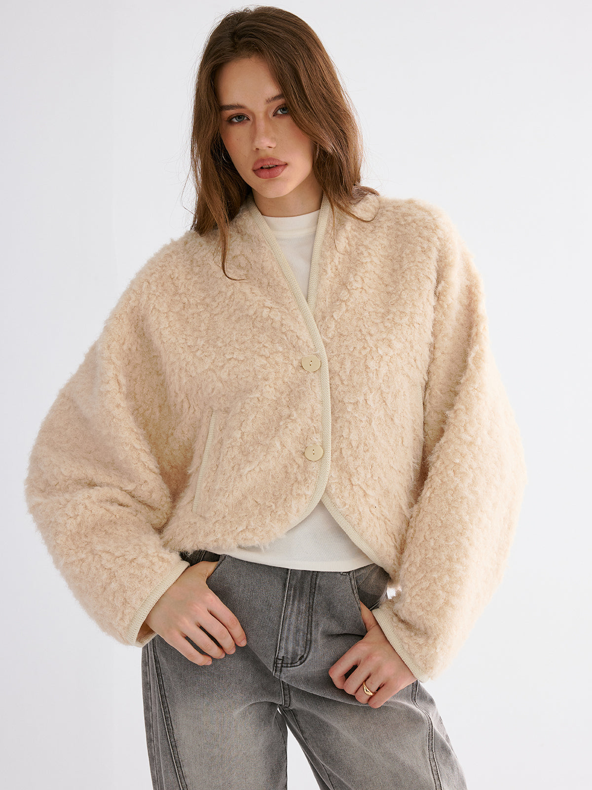 Drop-Shoulder Cropped Fuzzy Coat-Chicvia