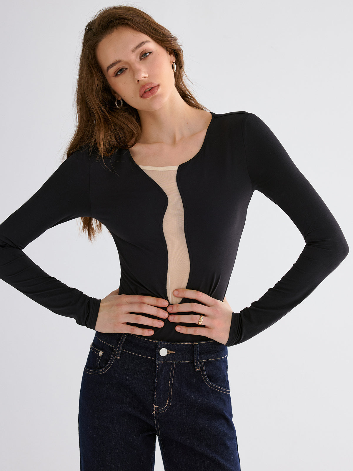 Mesh Patchwork Skinny Bodysuits-Chicvia
