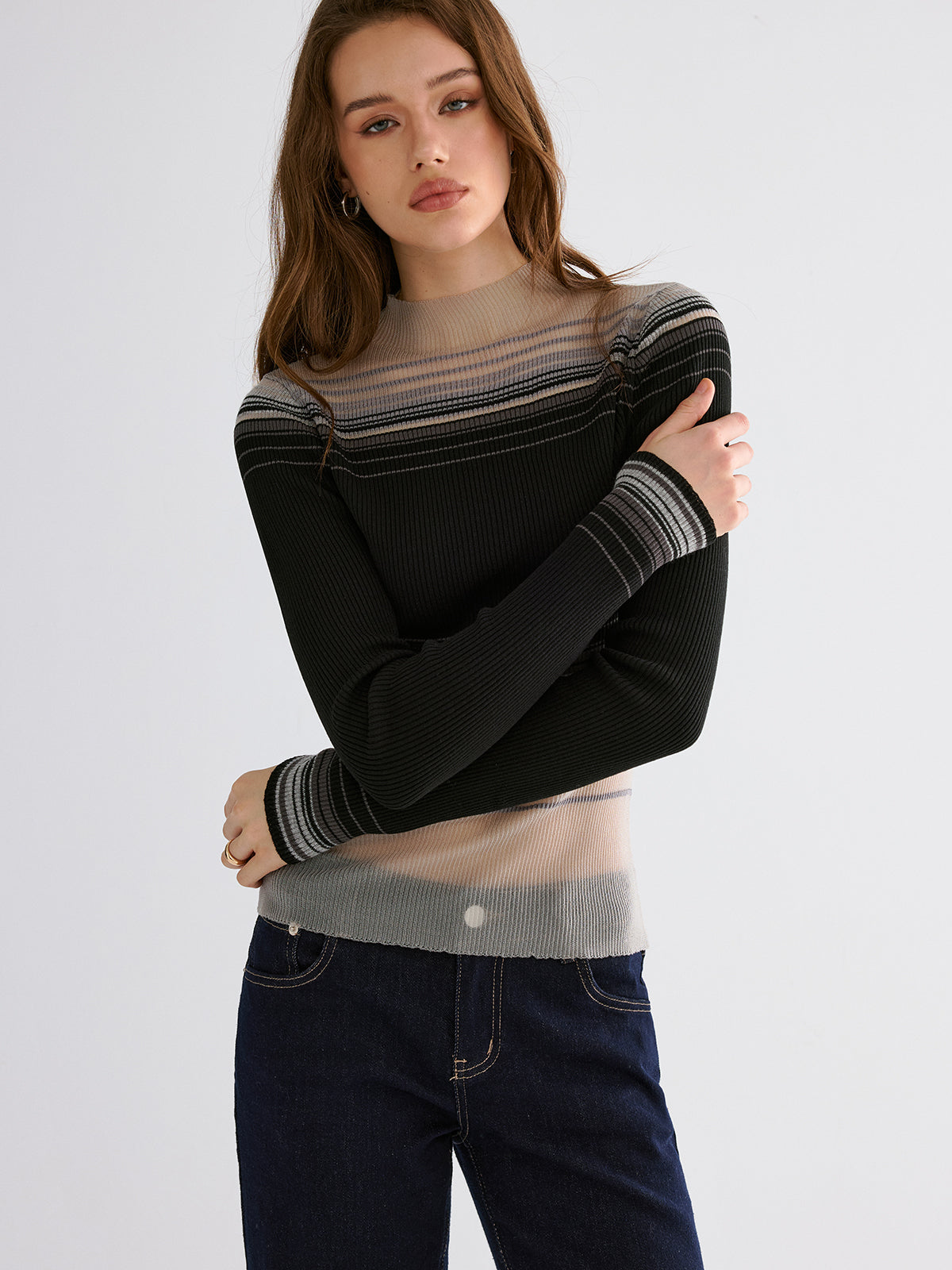 Gradient Mesh Knit Top-Chicvia