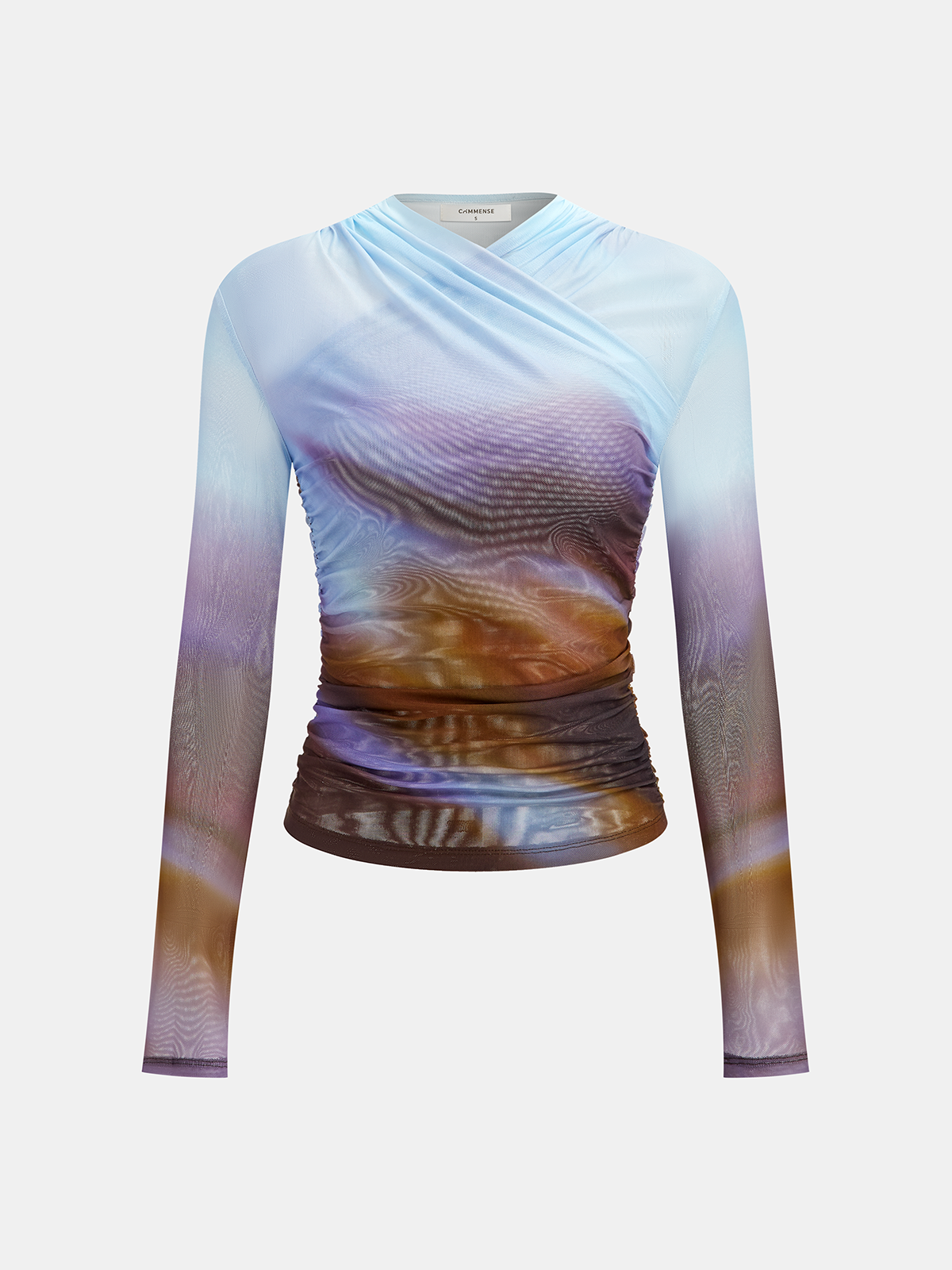 Criss Cross Printed Mesh Long-Sleeve Top-Chicvia