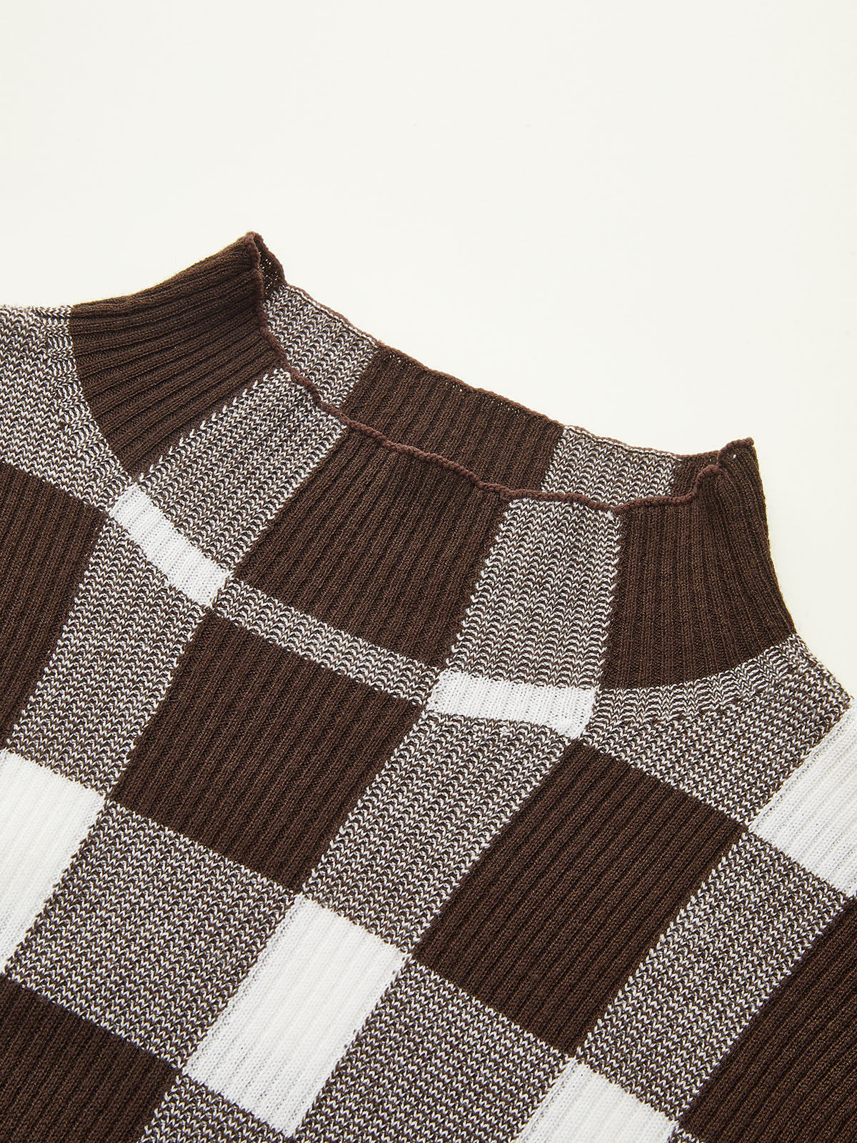 Checkered Wool-Blend Mock Neck Knit Top-Chicvia