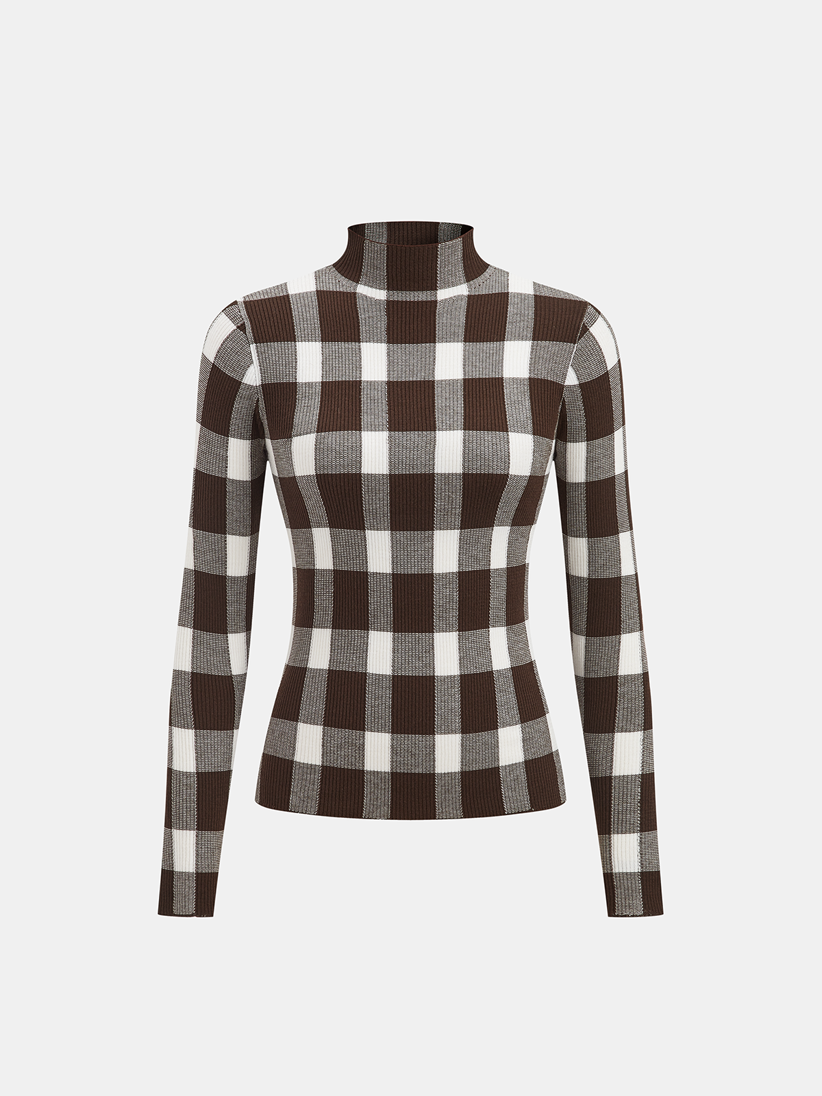 Checkered Wool-Blend Mock Neck Knit Top-Chicvia