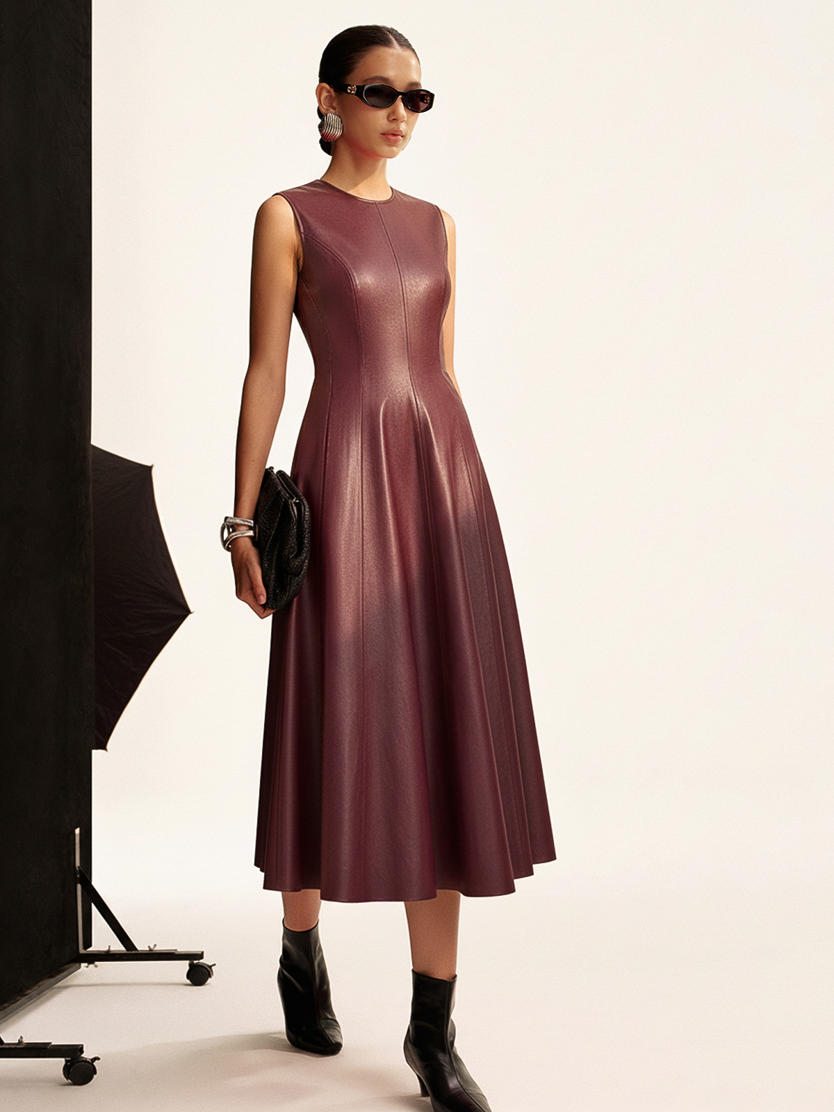 Faux Leather Pleated Dress-Chicvia