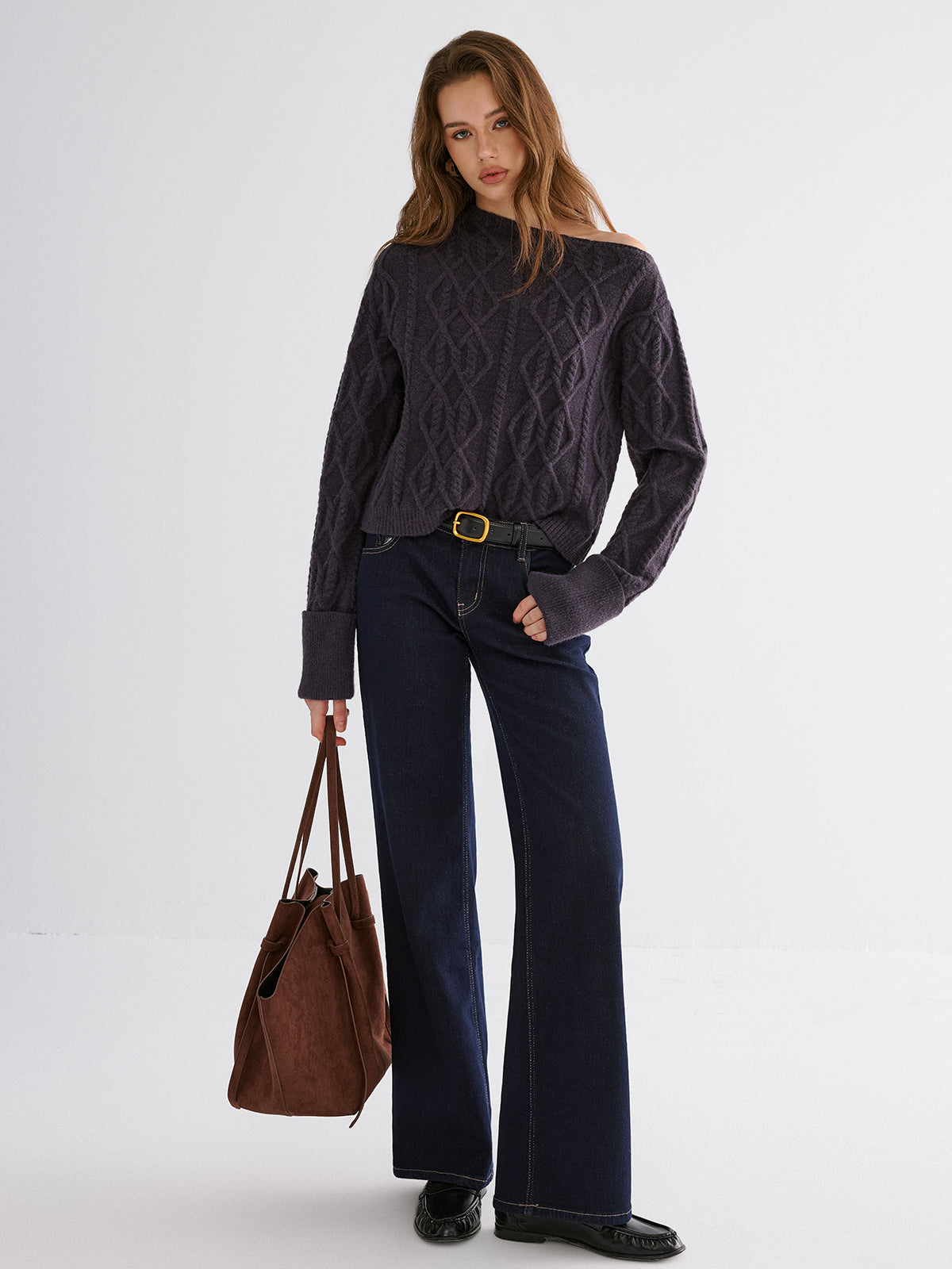 Cable Knit Off-shoulder Sweater-Chicvia
