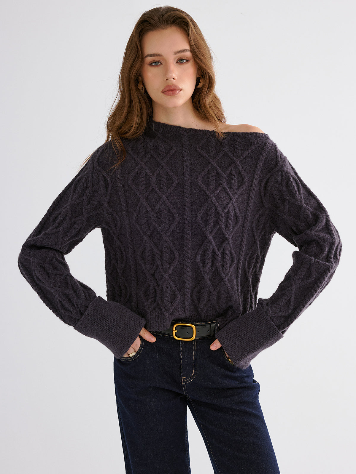 Cable Knit Off-shoulder Sweater-Chicvia