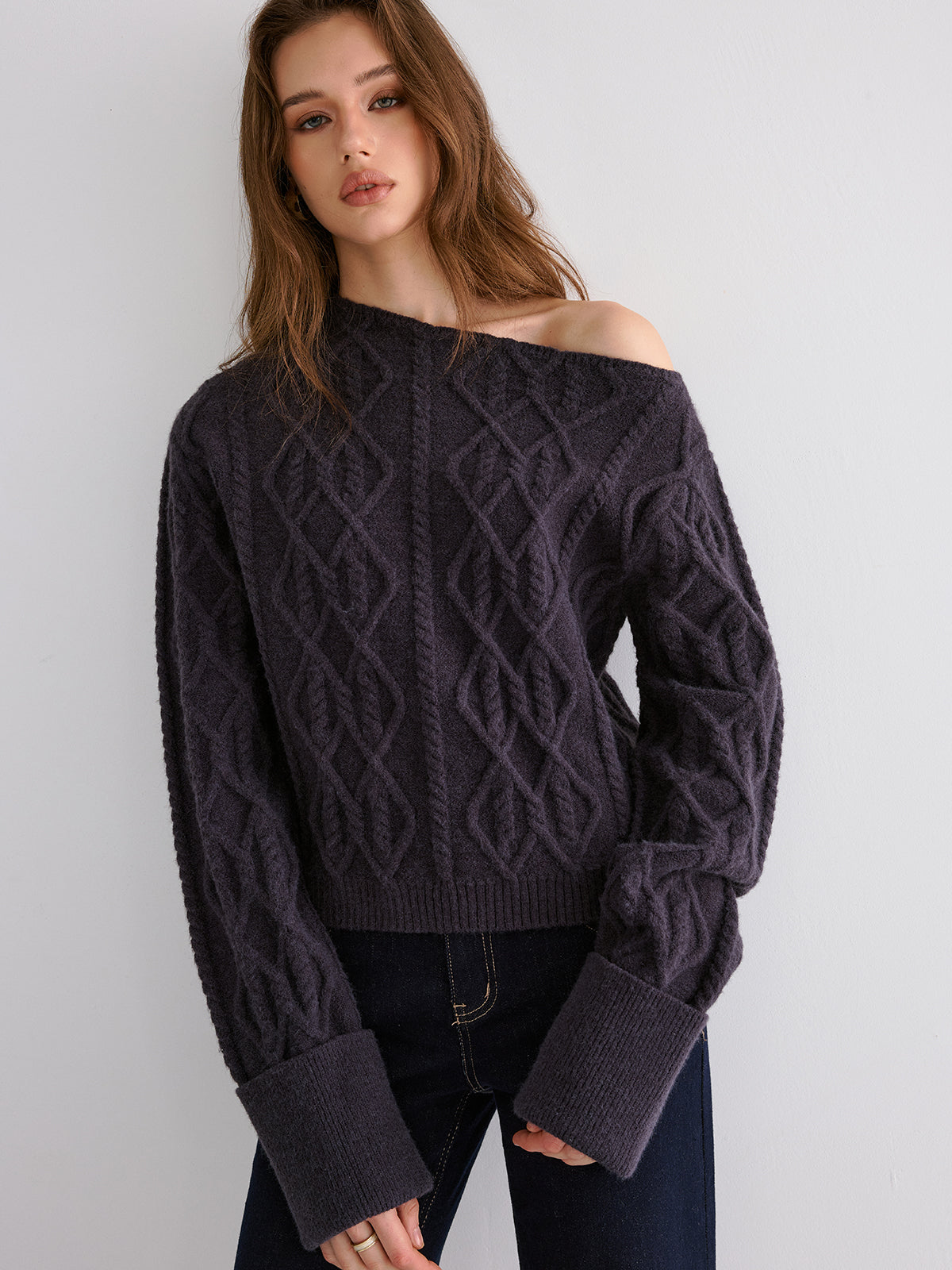 Cable Knit Off-shoulder Sweater-Chicvia