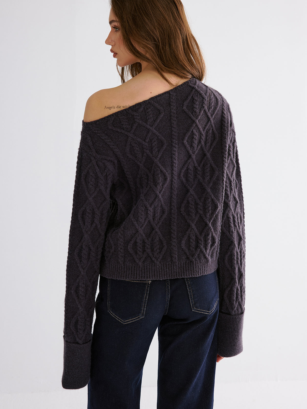 Cable Knit Off-shoulder Sweater-Chicvia
