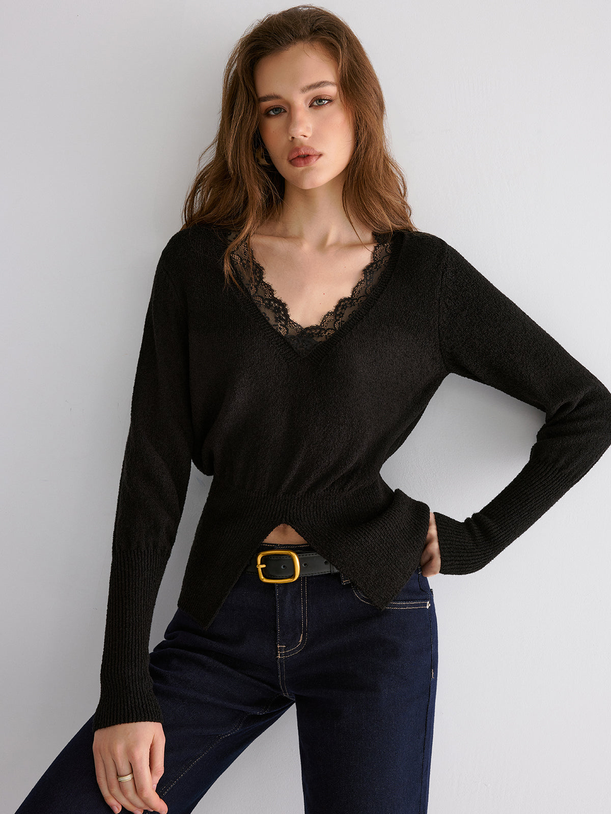 Lace Trim V-Neck Knit Top-Chicvia