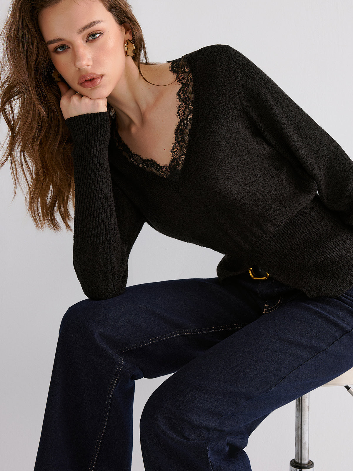 Lace Trim V-Neck Knit Top-Chicvia