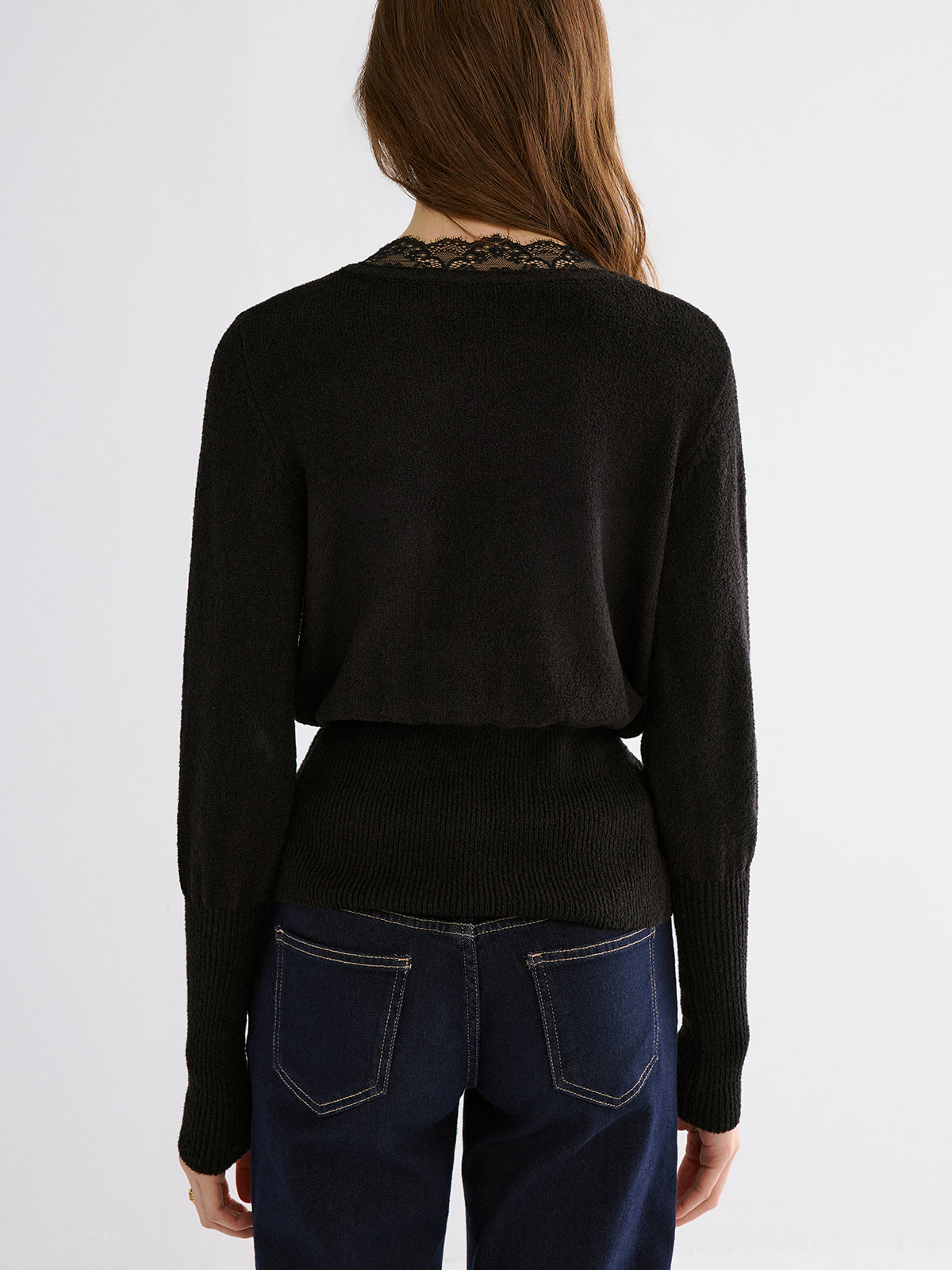 Lace Trim V-Neck Knit Top-Chicvia