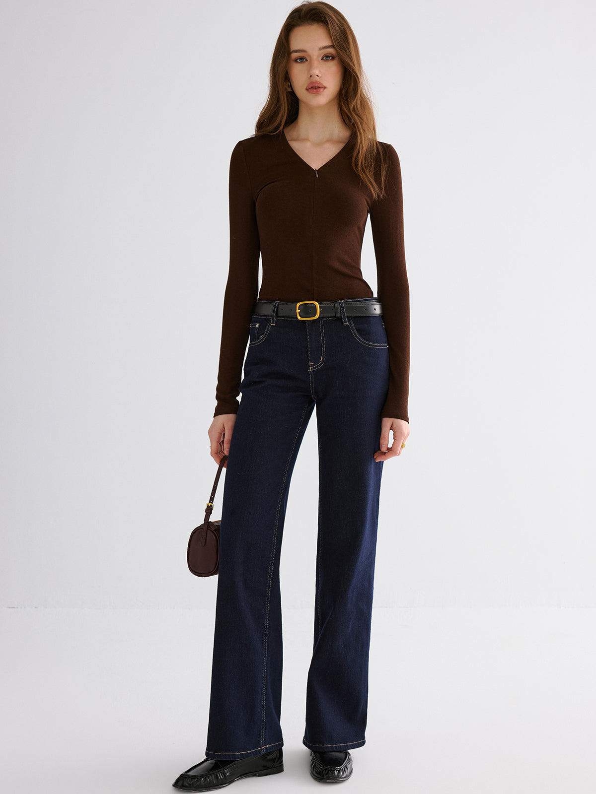 Minimal Zipper V-neck Long Sleeve Top-Chicvia