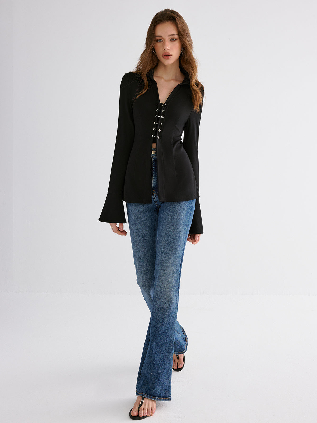 Flared Cuff Collared Blouse-Chicvia