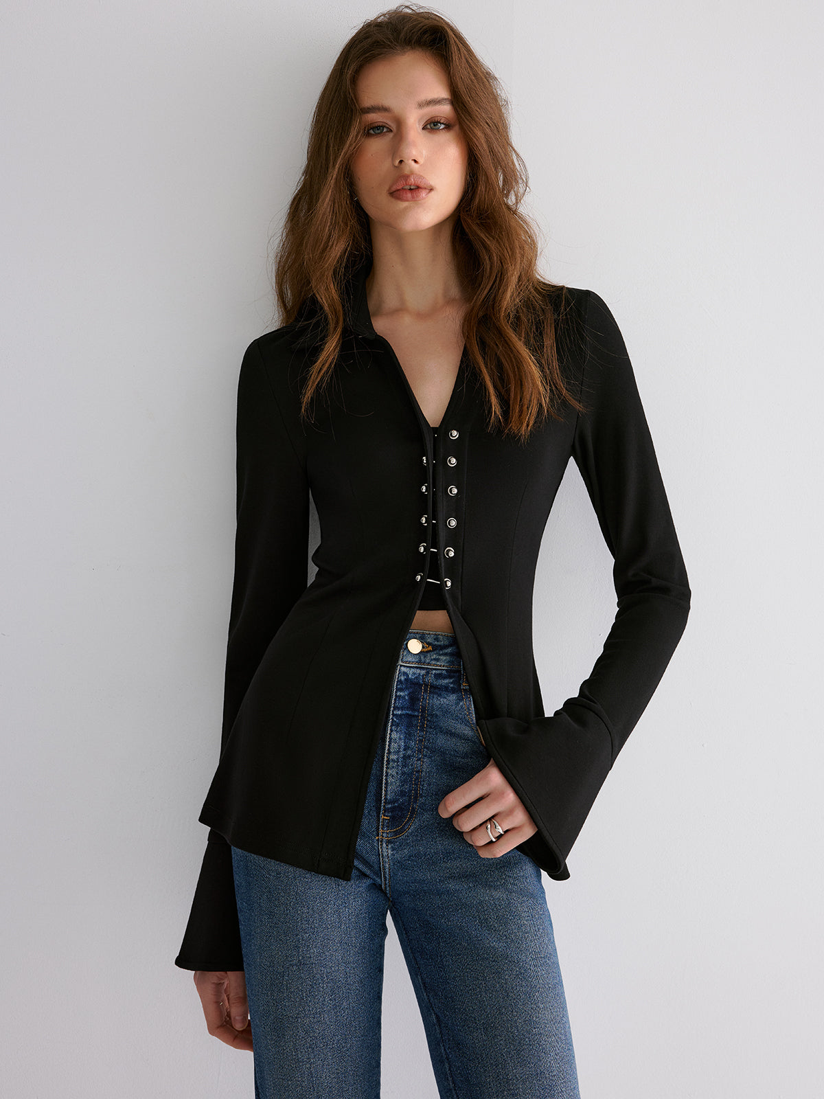 Flared Cuff Collared Blouse-Chicvia