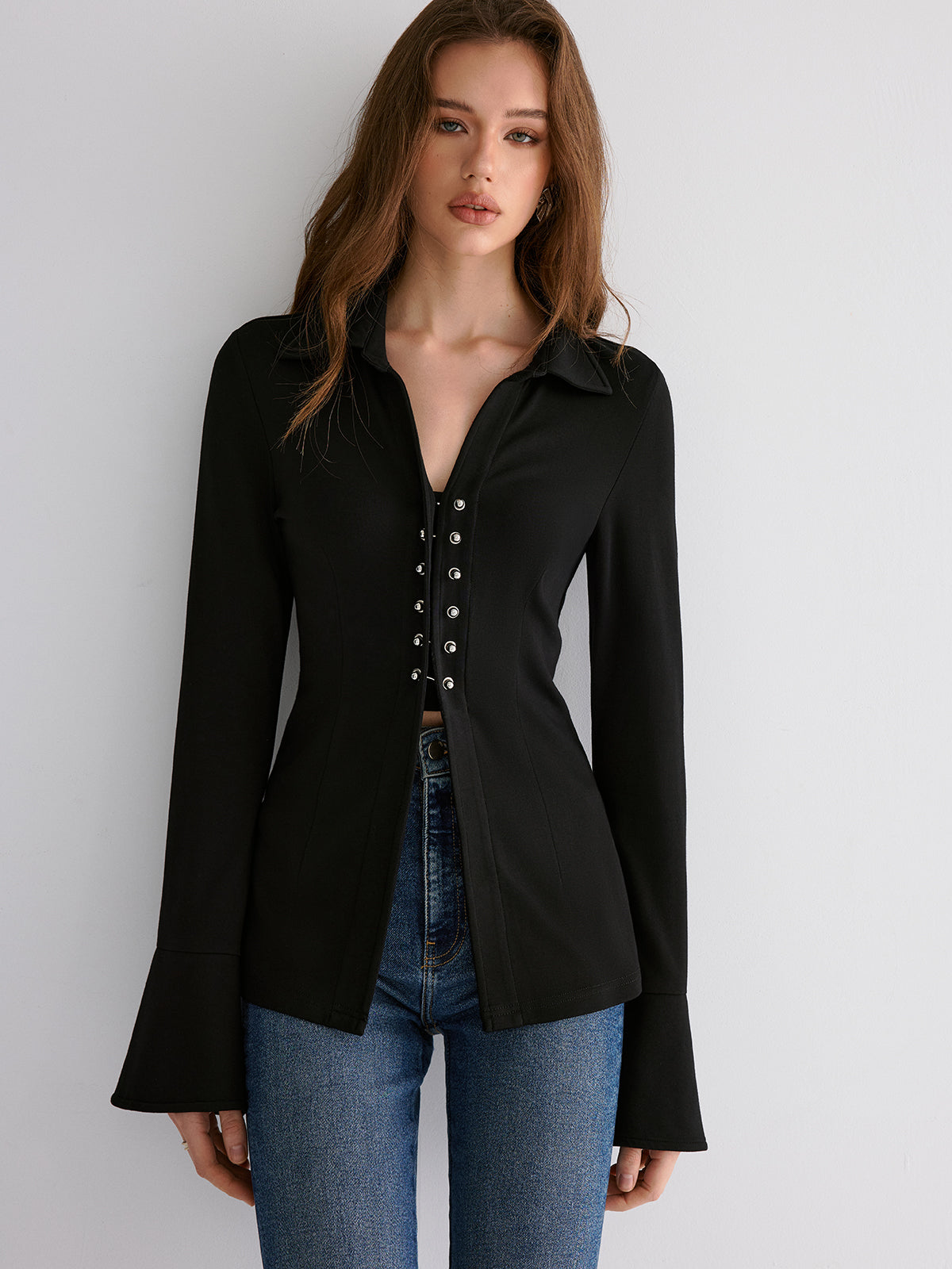 Flared Cuff Collared Blouse-Chicvia