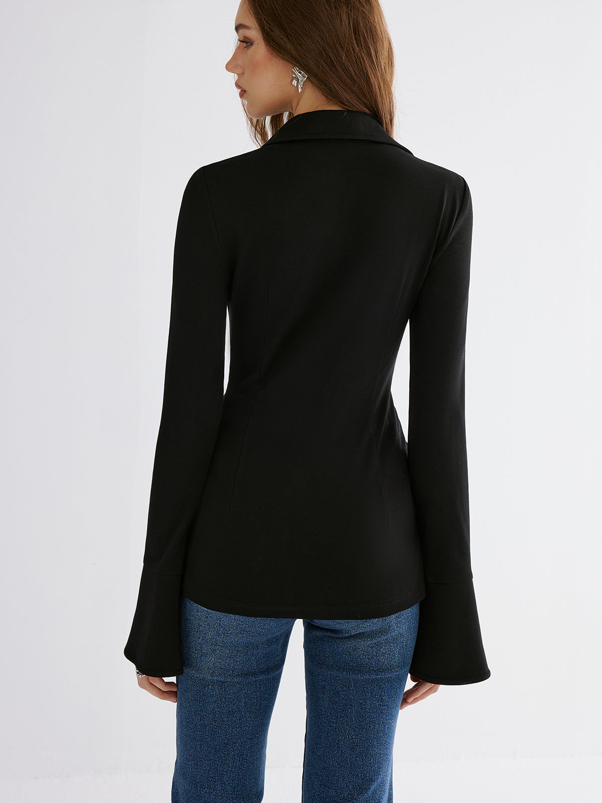 Flared Cuff Collared Blouse-Chicvia