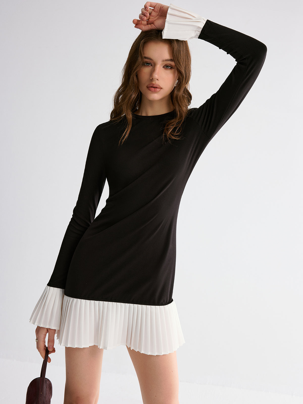 Pleated Contrast Flared Sleeve Dress-Chicvia