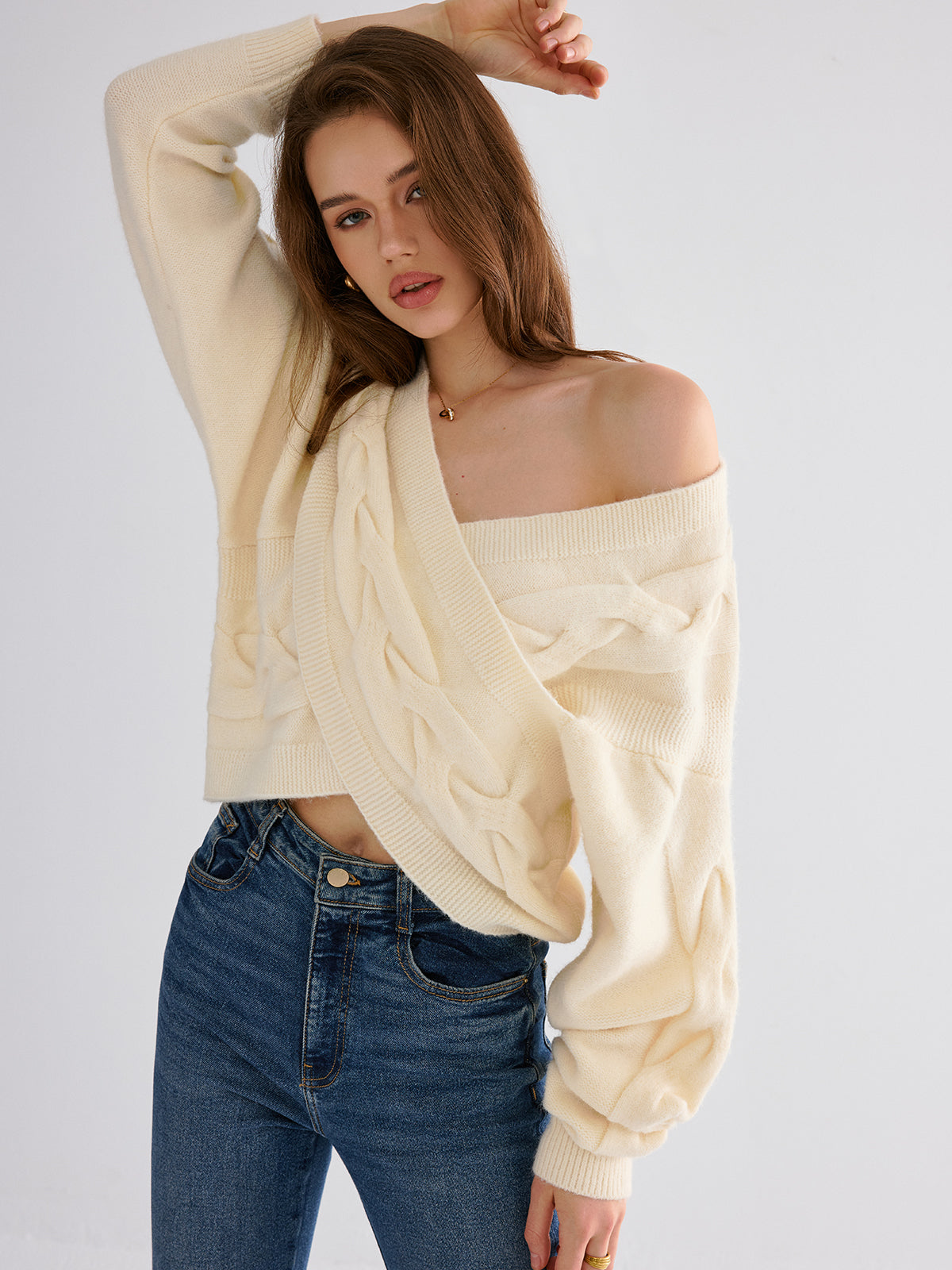 Cable Knit Cross-Front V-Neck Sweater-Chicvia