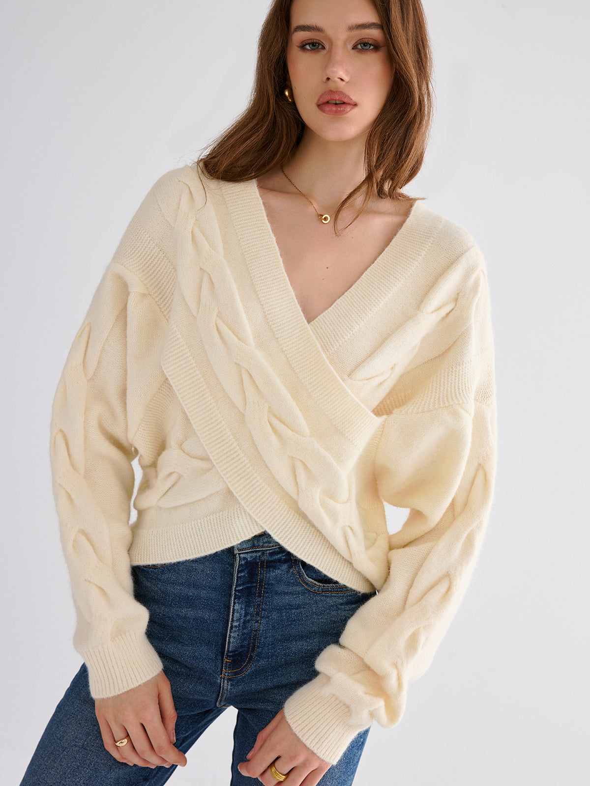 Cable Knit Cross-Front V-Neck Sweater-Chicvia