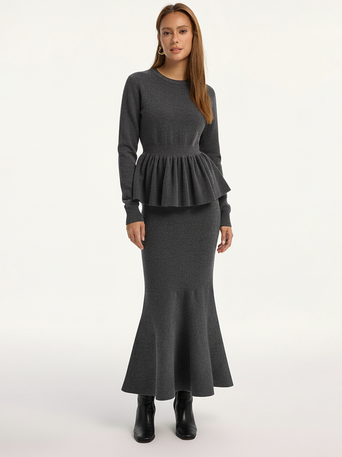 Long-Sleeve Peplum Hem Knit Top-Chicvia