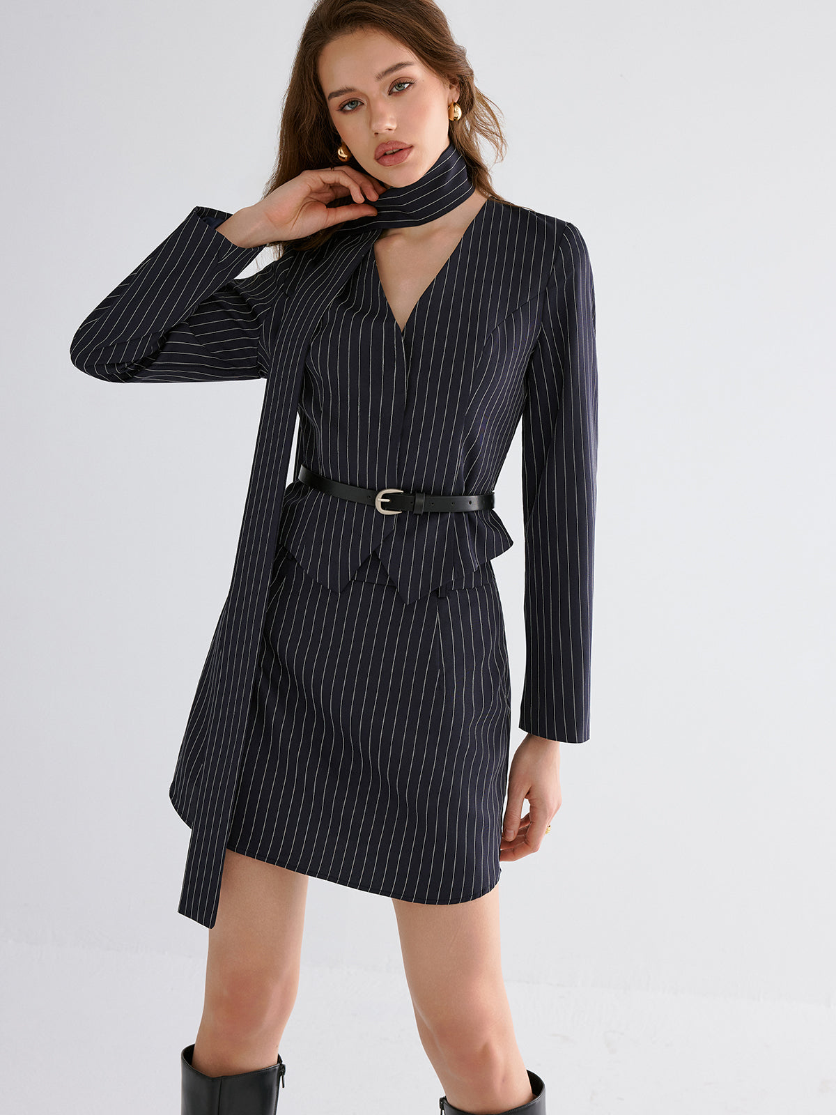 Pinstripe V-Neck Belted Blazer and Skirt Set-Chicvia