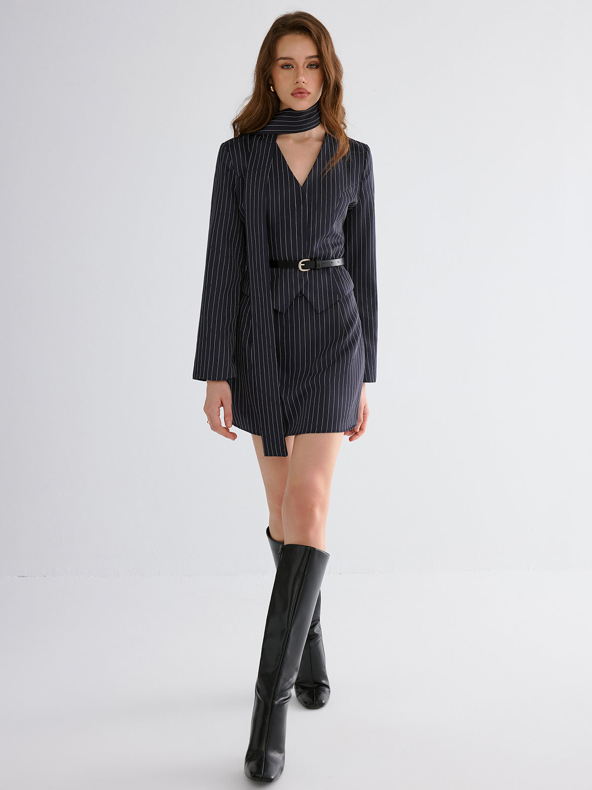 Pinstripe V-Neck Belted Blazer and Skirt Set-Chicvia