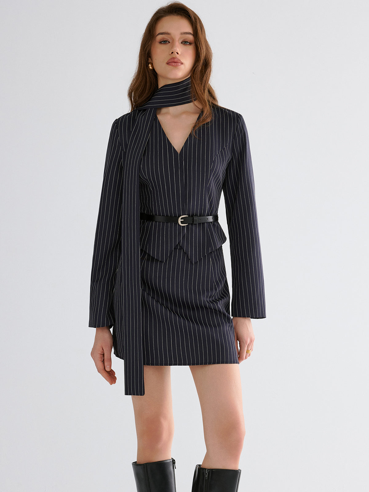 Pinstripe V-Neck Belted Blazer and Skirt Set-Chicvia
