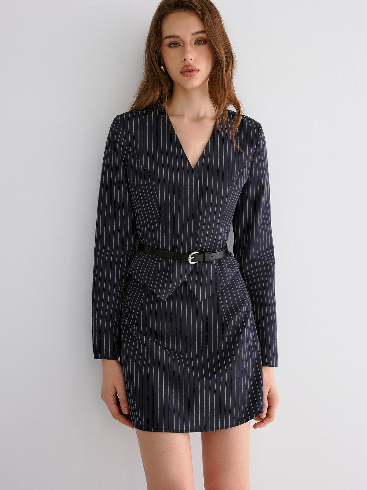Pinstripe V-Neck Belted Blazer and Skirt Set-Chicvia