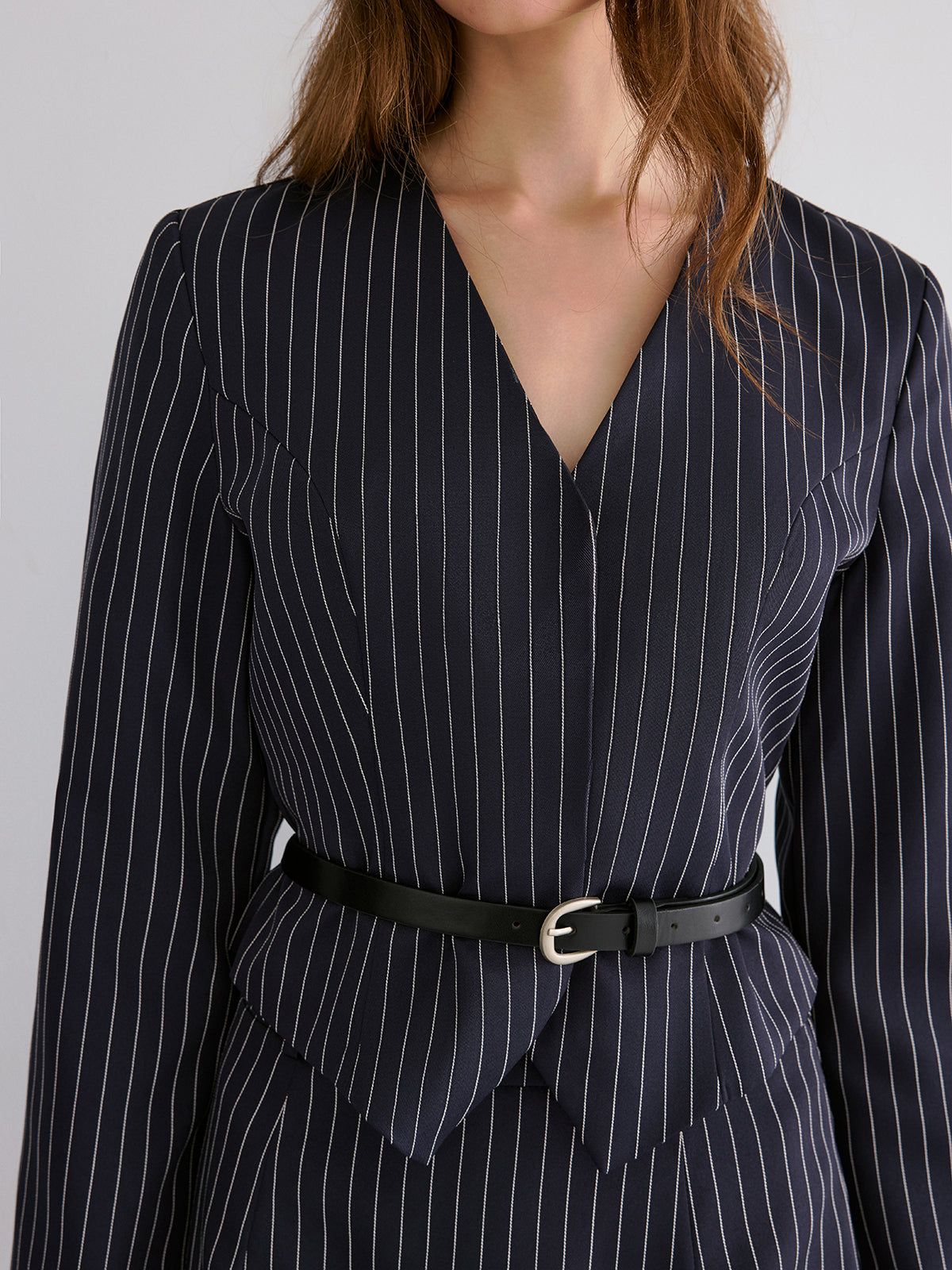 Pinstripe V-Neck Belted Blazer and Skirt Set-Chicvia