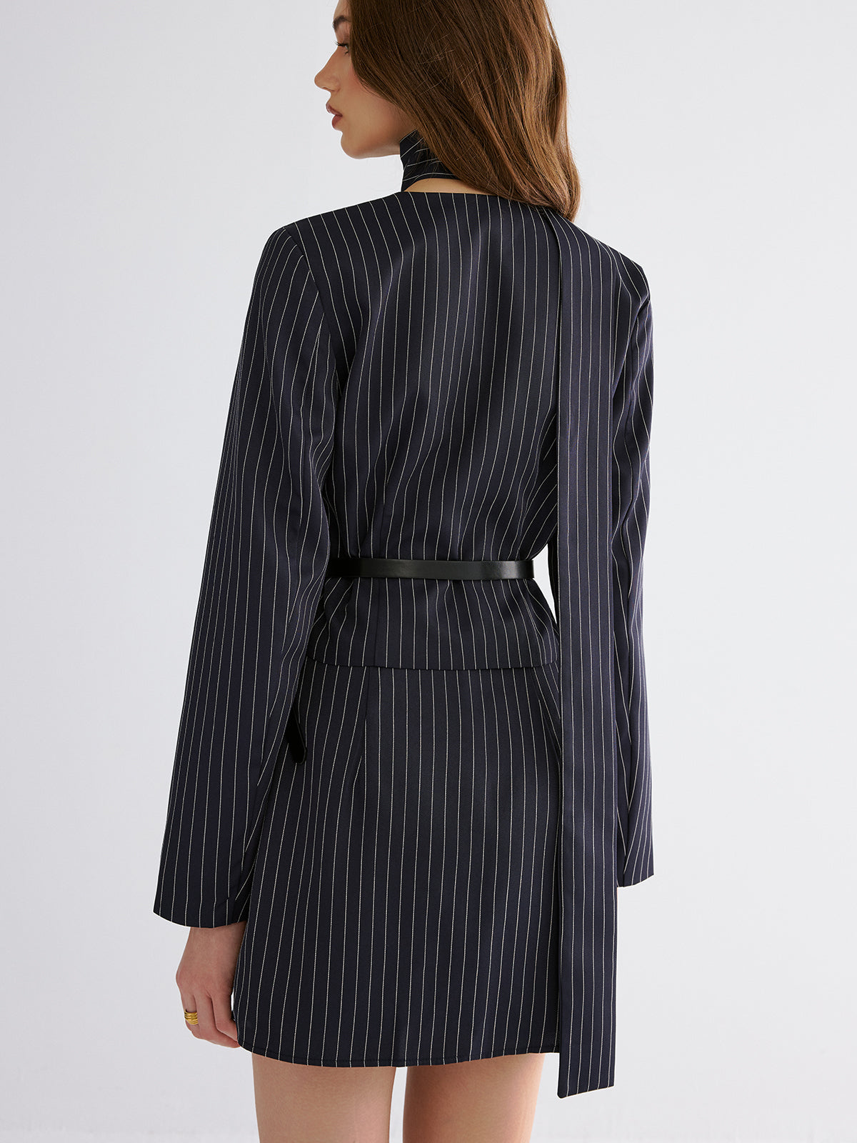 Pinstripe V-Neck Belted Blazer and Skirt Set-Chicvia