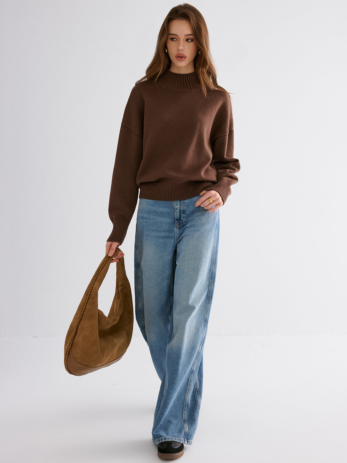 Oversized Drop Shoulder Crew Neck Sweater-Chicvia
