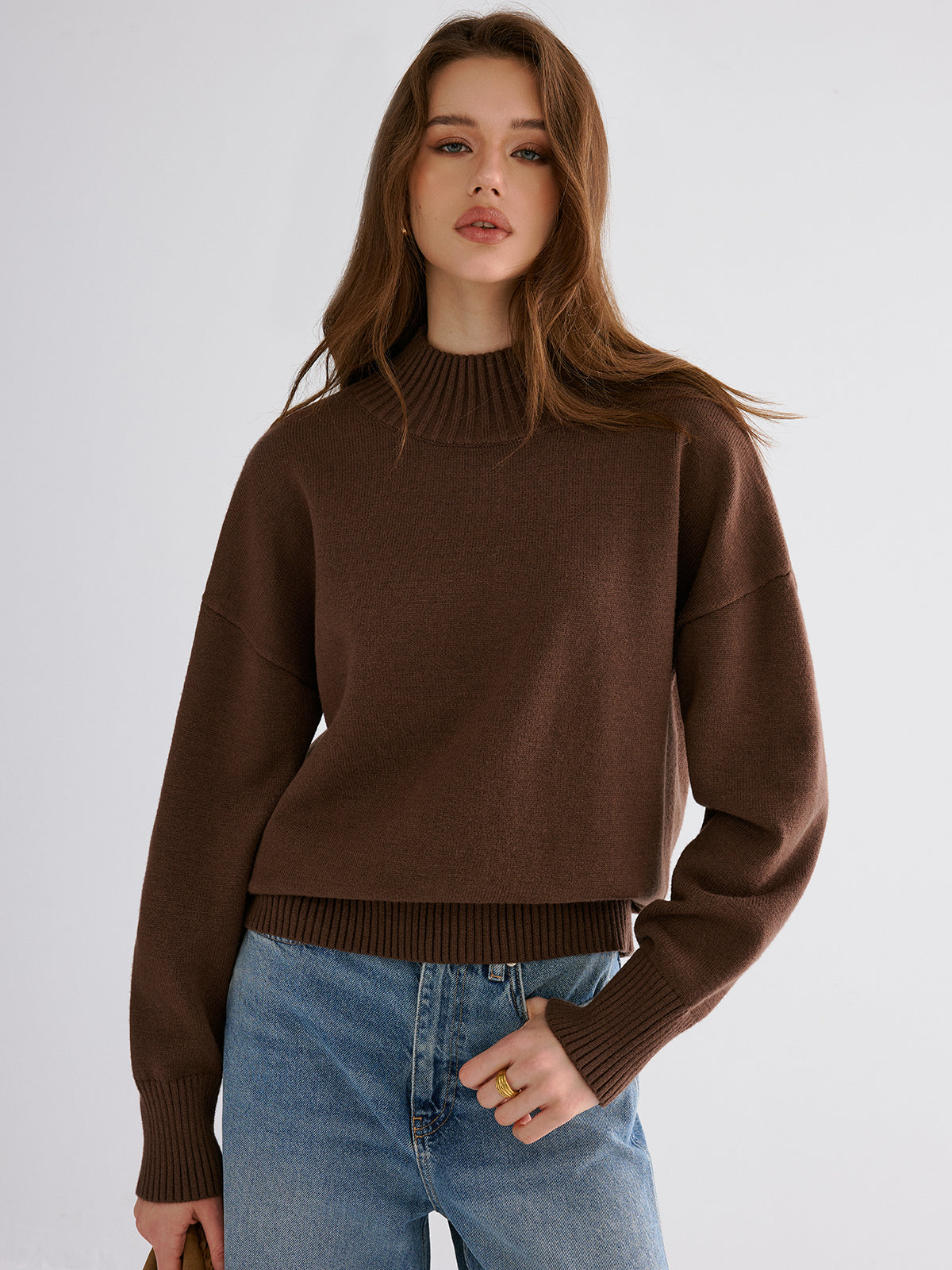 Oversized Drop Shoulder Crew Neck Sweater-Chicvia