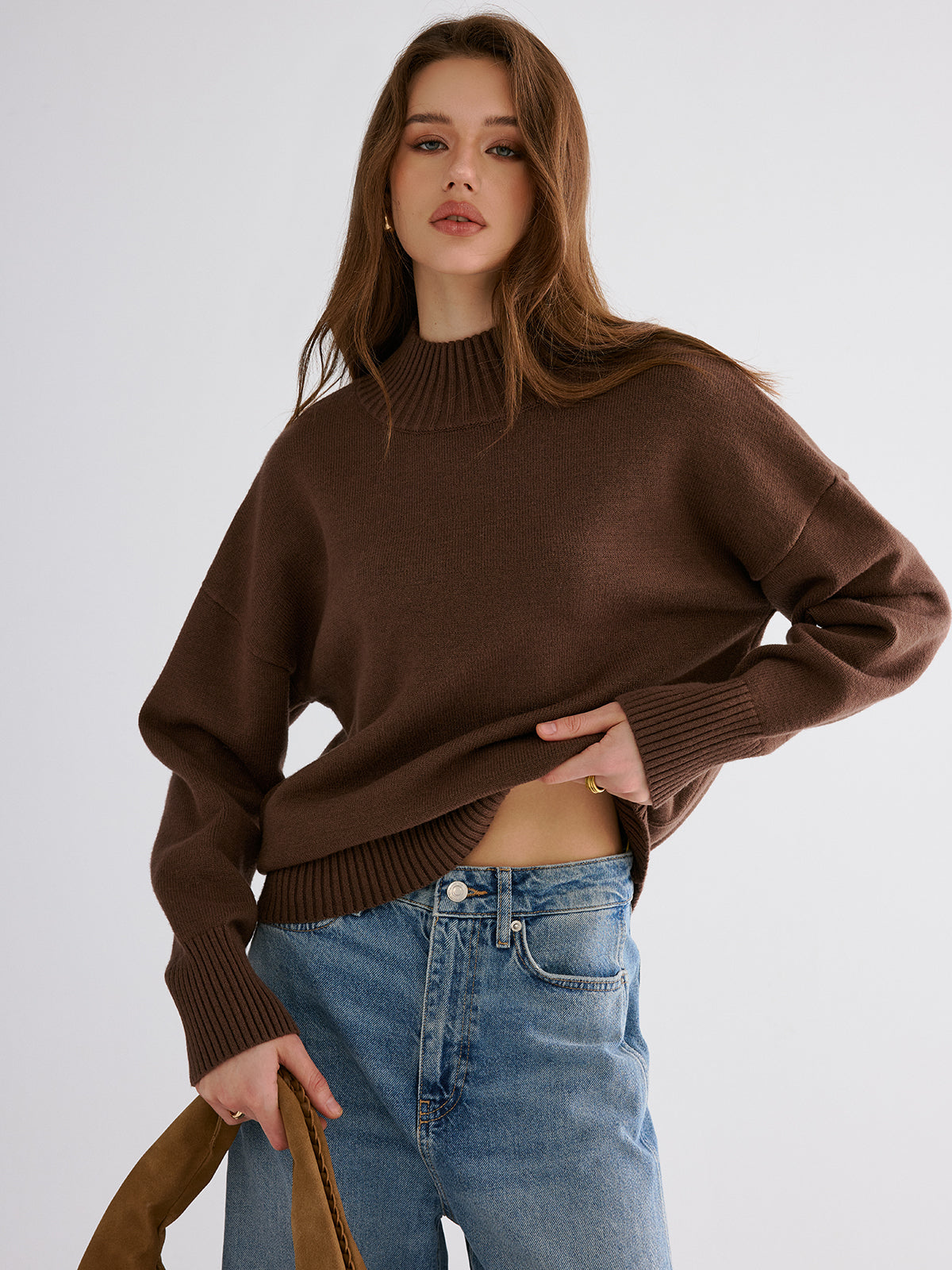 Oversized Drop Shoulder Crew Neck Sweater-Chicvia