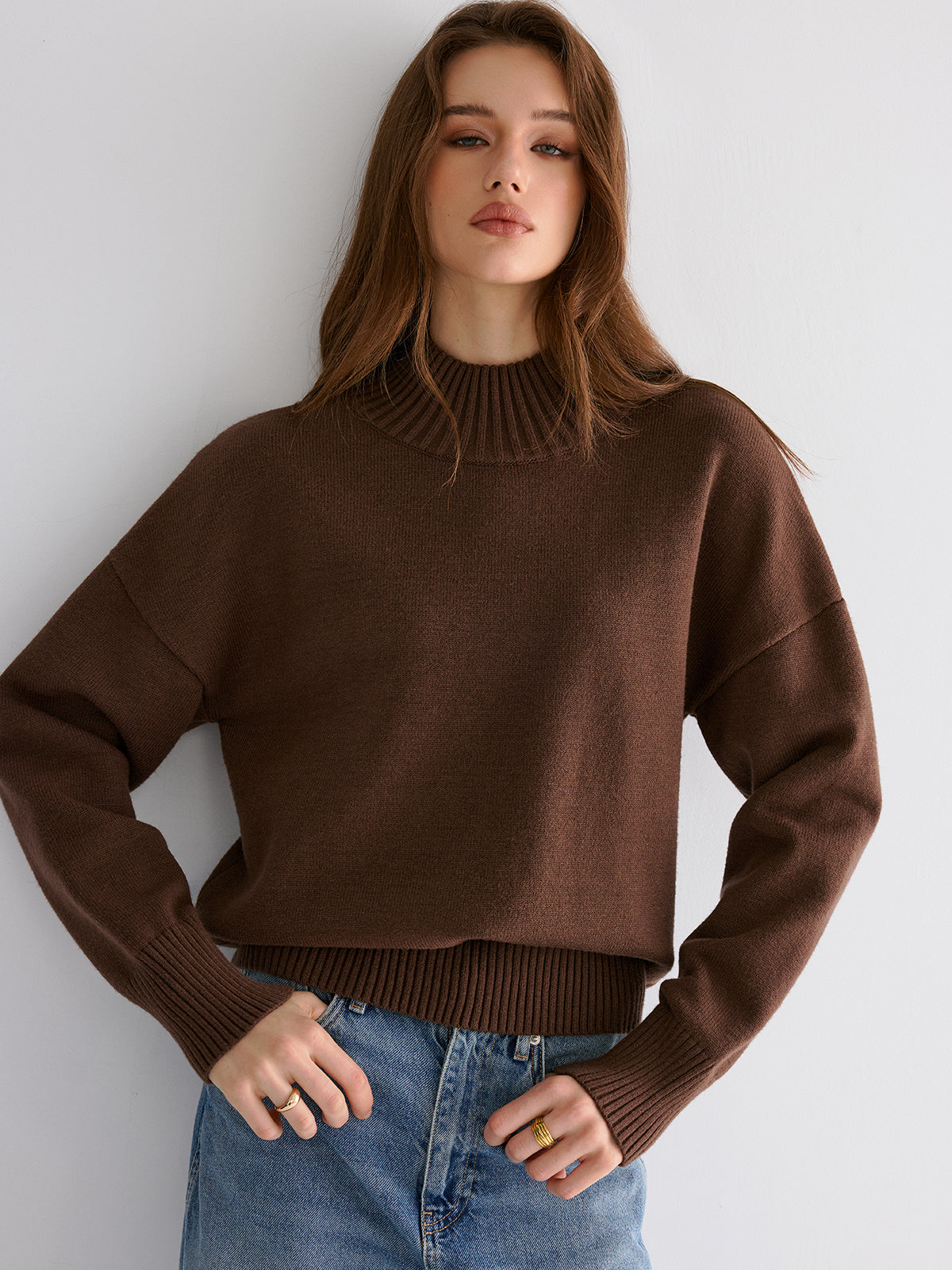Oversized Drop Shoulder Crew Neck Sweater-Chicvia