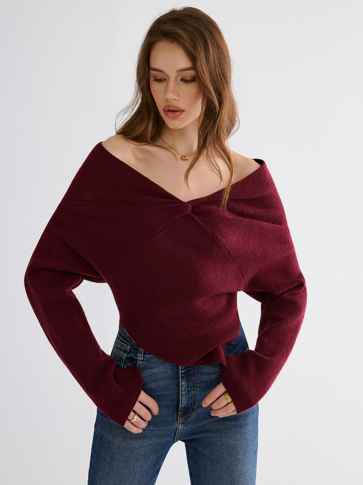 Off-Shoulder Twisted Knit Top-Chicvia