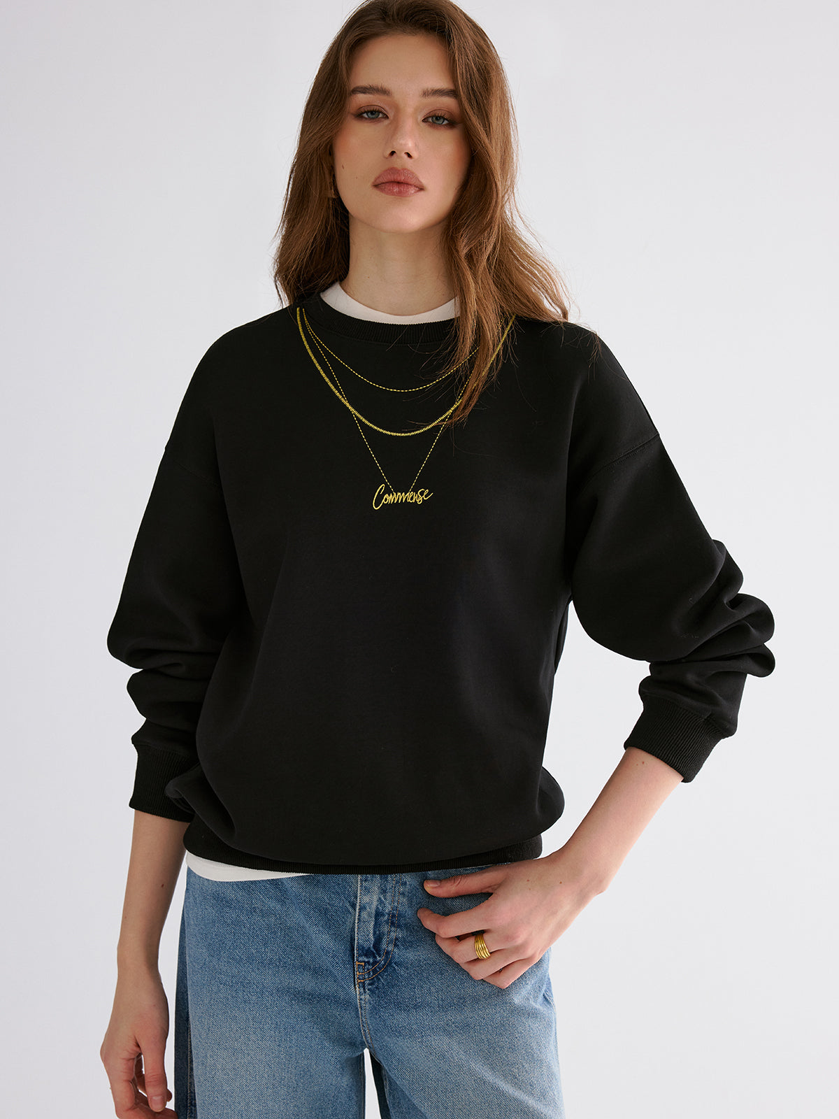 Golden Chain Embroidery Sweatshirt-Chicvia