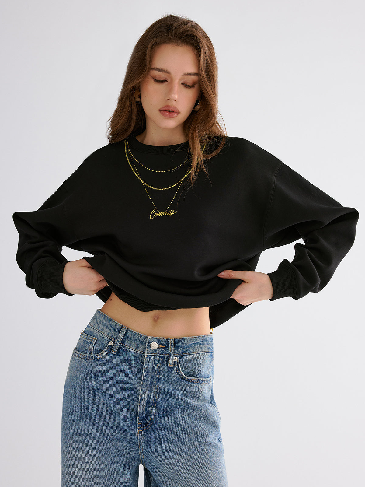 Golden Chain Embroidery Sweatshirt-Chicvia