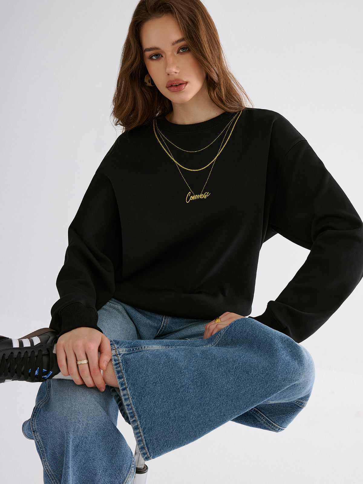 Golden Chain Embroidery Sweatshirt-Chicvia