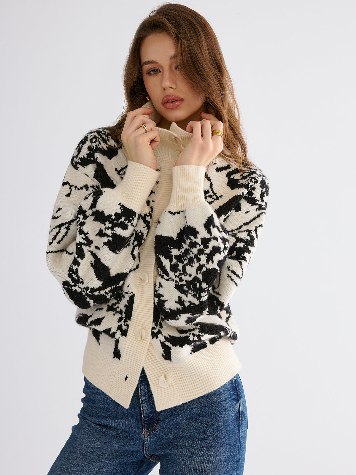 Floral Jacquard Button Cardigan-Chicvia