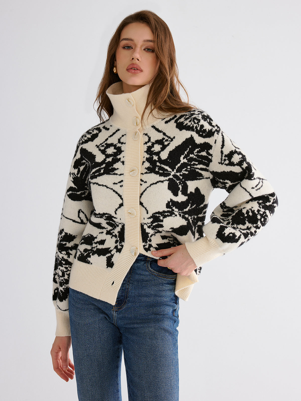 Floral Jacquard Button Cardigan-Chicvia